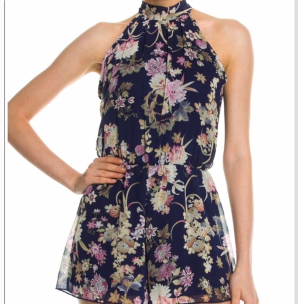 Floral Print Tie Back Romper Blue